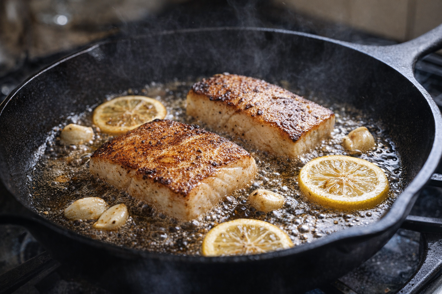 Pan-searing Mahi Mahi in a cast iron skillet, oil sizzling, golden crust forming on the fish, garlic and lemon slices visible in the pan